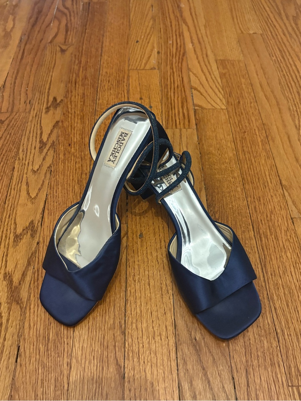 Badgley Mischka Navy 
INFINITY SATIN BLOCK HEELS WITH ANKLE STRAP